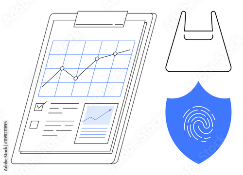 Clipboard with graph and documents, shopping bag icon, security shield with fingerprint. Ideal for business strategy, data security, sustainability, analytics, audit processes, safeguarding