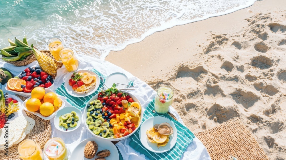 Naklejka premium Joyful family beach brunch sandy shoreline vibrant fruit bowls and smoothies colorful beach towels bright and cheerful atmosphere