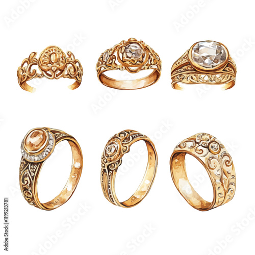 A watercolor vector painting of Victorian gold rings showcasing their intricate designs, isolated on a white background. Victorian gold rings vector.


