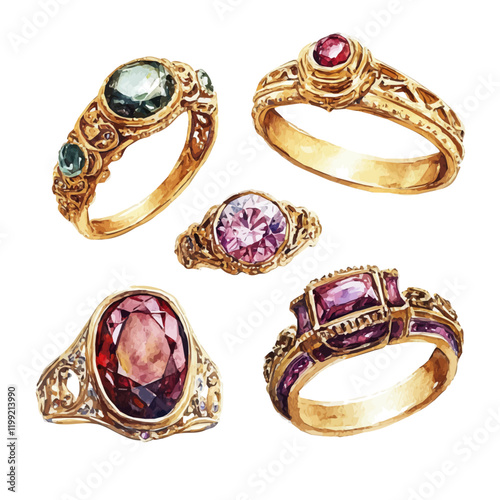 A watercolor vector painting of Victorian gold rings showcasing their intricate designs, isolated on a white background. Victorian gold rings vector.


