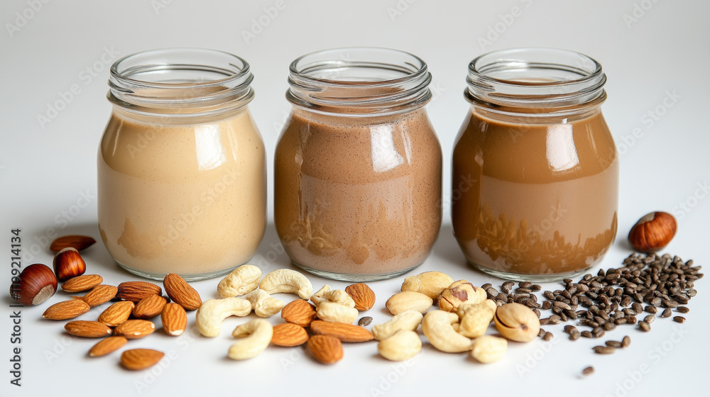 Creamy nut milk trio featuring almond, cashew, and hazelnut in stylish jars, surrounded by assorted nuts and seeds, perfect for healthy lifestyle Creamy nut milk trio featuring almond, cashew, and hazelnut in stylish jars, surrounded by assorted nuts and seeds, perfect for healthy lifestyle