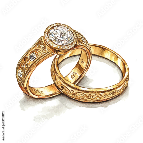 A watercolor vector painting of Victorian gold rings that appear elegant and timeless, isolated on a white background. Victorian gold rings vector.

