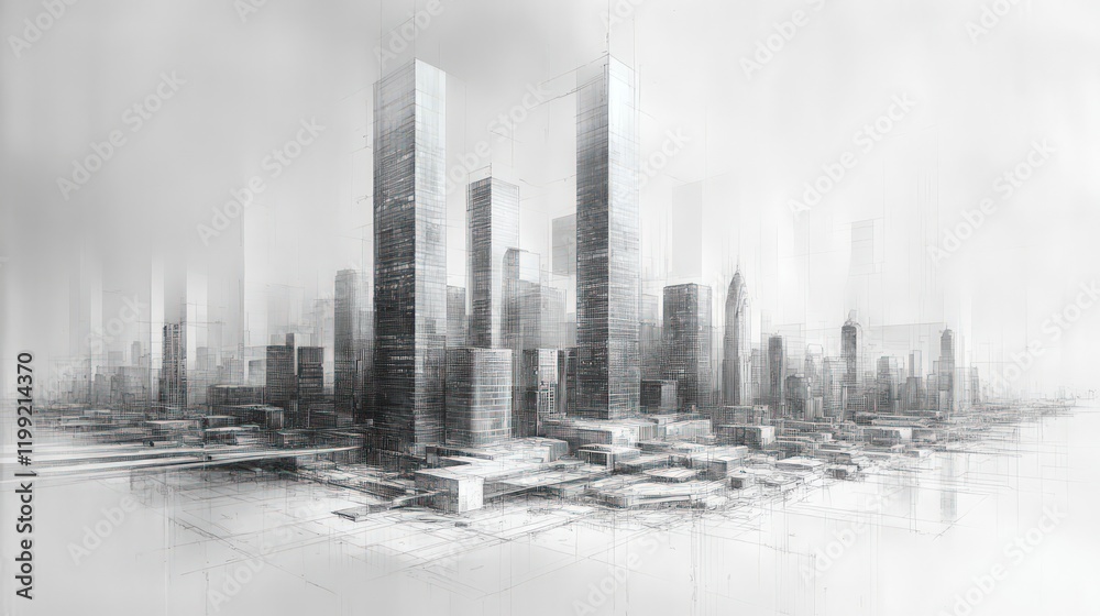 Fototapeta premium Sketch of futuristic city skyline, skyscrapers.