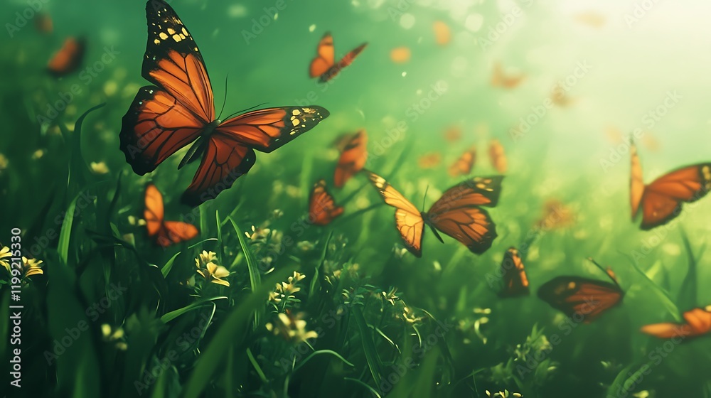 Numerous orange butterflies flutter over a lush green meadow filled with delicate flowers for dreamy serene atmosphere concept.