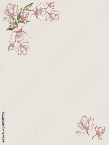 Delicate magnolia flowers painted in soft watercolor on a light background