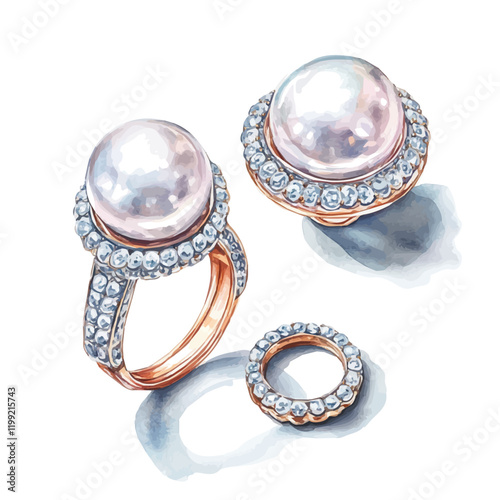 A watercolor vector painting of an opulent Akoya pearl collection earrings and ring set, isolated on a white background. Akoya pearl collection vector.


