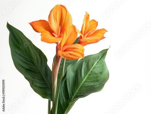 Striking Orange Canna Lily Blooms with Lush Green Leaves on White Background