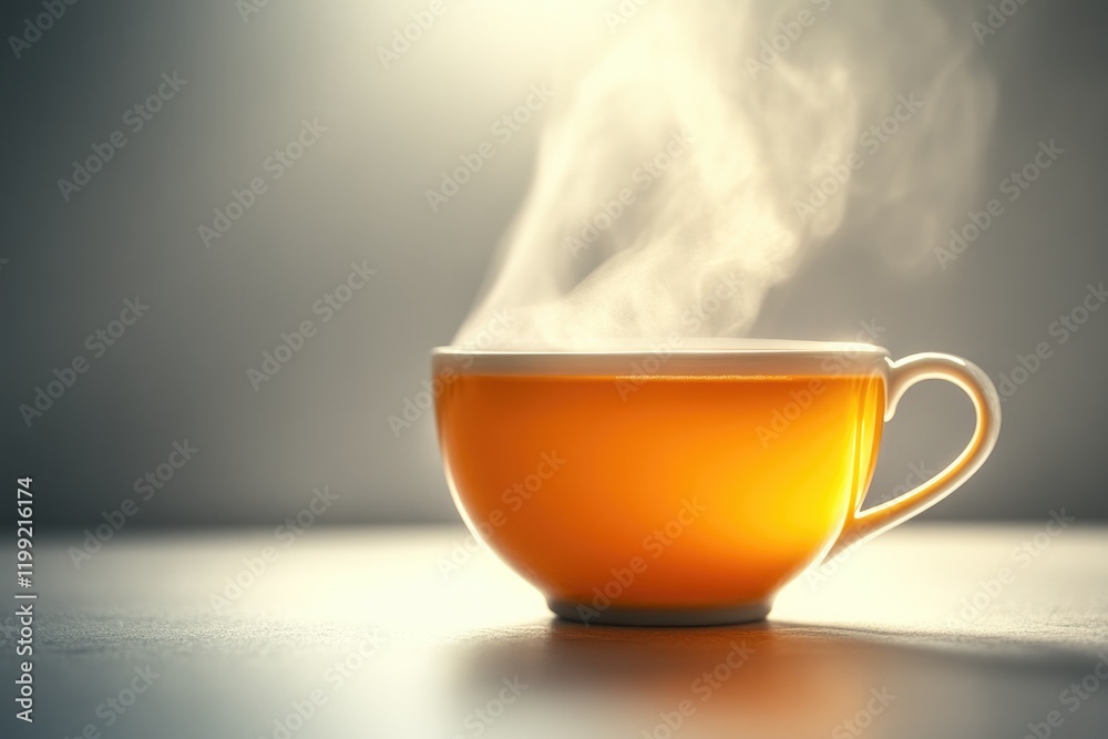 Steam rises gently from bright orange cup, creating warm, inviti Steam rises gently from bright orange cup, creating warm, inviti