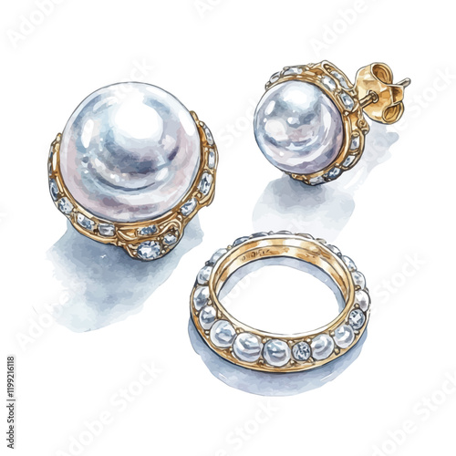 A watercolor vector painting of an opulent Akoya pearl collection earrings and ring set, isolated on a white background. Akoya pearl collection vector.

