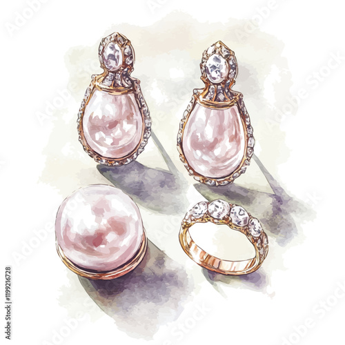 A watercolor vector painting of an opulent Akoya pearl collection earrings and ring set, isolated on a white background. Akoya pearl collection vector.

