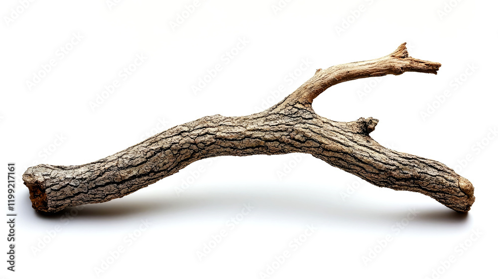 Close-up of a Rustic Brown Tree Branch Isolated on White Background. Perfect for Nature-themed Designs and Textures. Close-up of a Rustic Brown Tree Branch Isolated on White Background. Perfect for Nature-themed Designs and Textures.