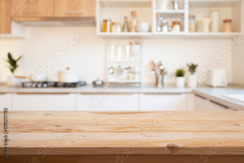 Brown wooden table for product montage on blur kitchen counter interior background