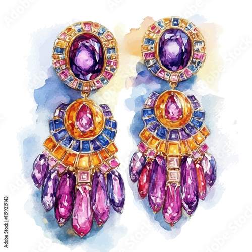 A watercolor vector painting showcasing the vibrant colors and vivid beauty of Bulgari earrings, isolated on a white background. Bulgari earrings vector.

