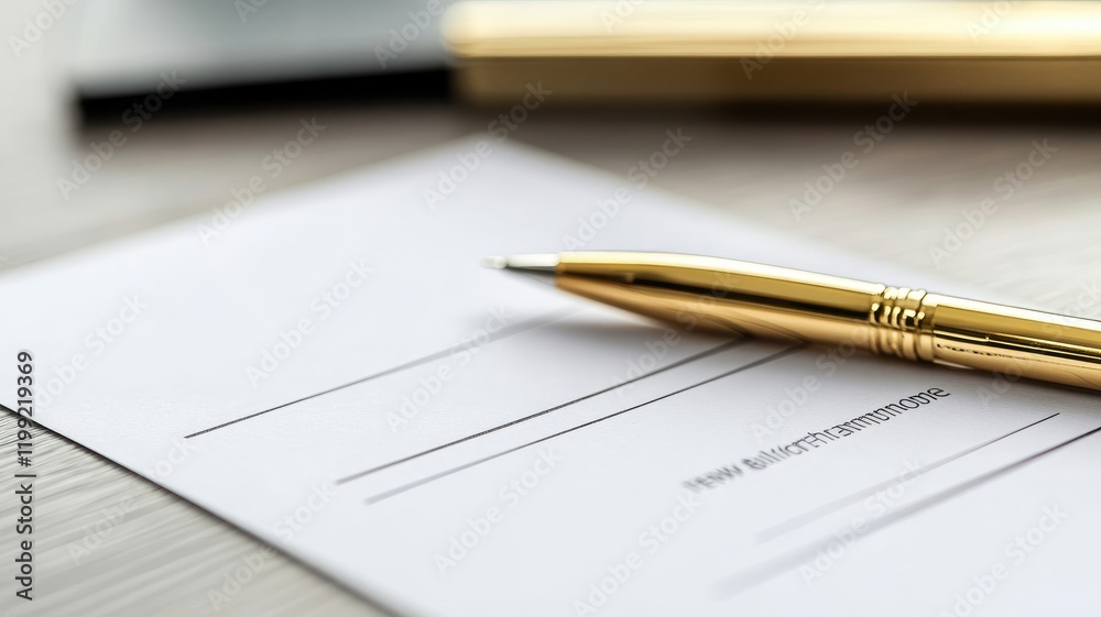 Elegant gold pen resting on blank signature line of document Elegant gold pen resting on blank signature line of document