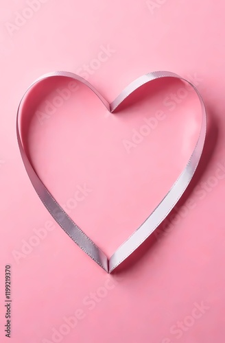Silver ribbon heart on pink background. Valentine's Day card layout
