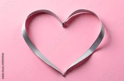 Silver ribbon heart on pink background. Valentine's Day card layout