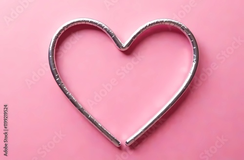 Silver ribbon heart on pink background. Valentine's Day card layout