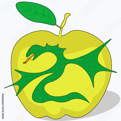 A green snake against the background of a beautiful yellow apple. Symbol of sin and temptation.