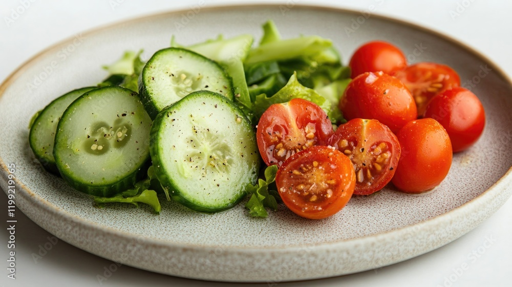 Fresh salad featuring vibrant tomatoes, crisp cucumbers, and lea Fresh salad featuring vibrant tomatoes, crisp cucumbers, and lea