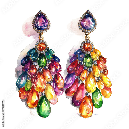 A watercolor vector painting showcasing the vibrant colors and vivid beauty of Bulgari earrings, isolated on a white background. Bulgari earrings vector.

