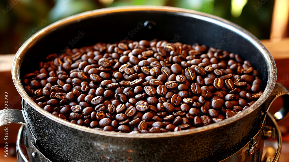 Fototapeta premium Roasted Coffee Beans in a Metal Bowl: A Close-Up View of Rich, Dark Coffee Beans Ready for Brewing