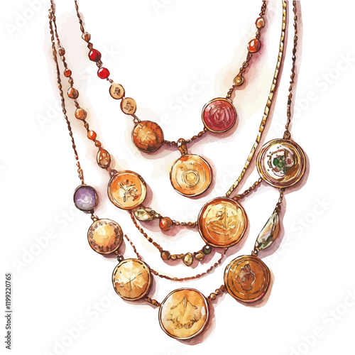 A watercolor vector painting showcasing the traditional design of coin necklaces, isolated on a white background. Coin necklaces vector.

