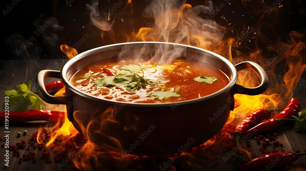 Steaming pot of chili infused soup a savory and comforting meal perfect for a cozy dinner or lunch The dish features a blend of vegetables and spices creating a flavorful and warming experience Steaming pot of chili infused soup a savory and comforting meal perfect for a cozy dinner or lunch The dish features a blend of vegetables and spices creating a flavorful and warming experience