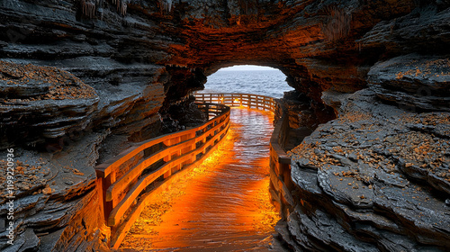 Coastal Rock Pathway: A Scenic Ocean Walkway. Explore the dramatic beauty of this coastal path, carved into rugged cliffs, offering breathtaking ocean views. photo