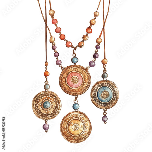 A watercolor vector painting showcasing the traditional design of coin necklaces, isolated on a white background. Coin necklaces vector.

