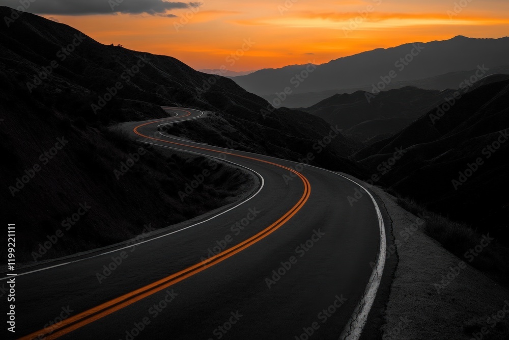 Fototapeta premium Serene Sunset Drive: Winding Road Through Majestic Mountains