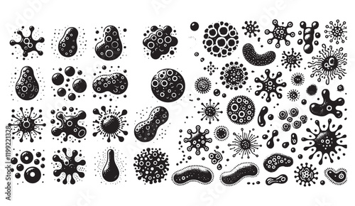 Diverse Collection of Black and White Microscopic Organisms, Viruses, and Bacteria with Circular and Irregular Shapes, Ideal for Medical or Scientific Graphics