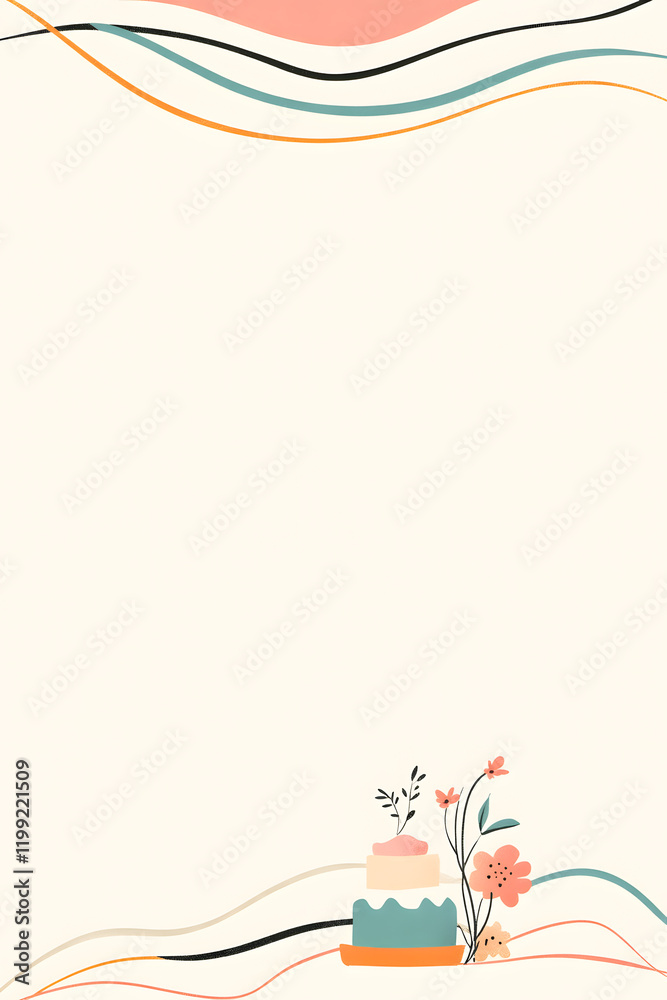 A quirky wedding invitation layout with a minimalist hand-drawn style. Colorful pastel lines swirl across the white background, creating a soft and playful border. At the base, a detailed A quirky wedding invitation layout with a minimalist hand-drawn style. Colorful pastel lines swirl across the white background, creating a soft and playful border. At the base, a detailed