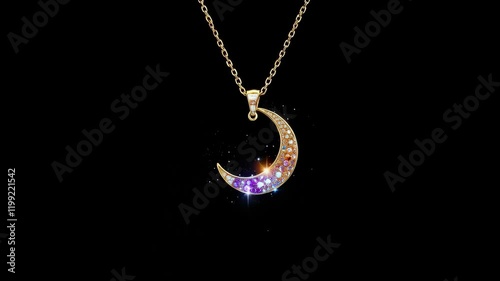 A necklace with a gold chain and a moon pendant. The moon is surrounded by stars. The necklace is a beautiful piece of jewelry