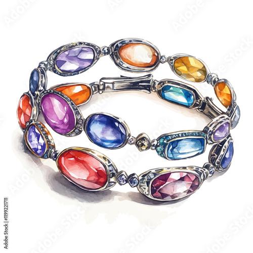 A watercolor vector painting showcasing the strokes that accentuate the beauty of each colorful stone in the bracelets, isolated on a white background. Colorful stone bracelets vector.

