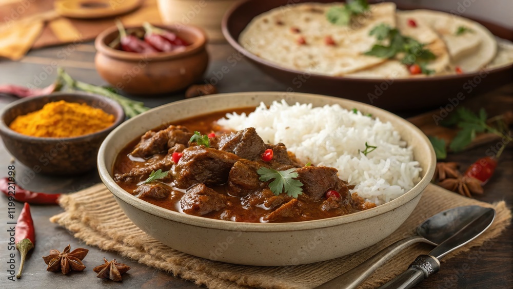Spicy Indian Beef Curry with Rice - Panoramic View of Aromatic Dish Spicy Indian Beef Curry with Rice - Panoramic View of Aromatic Dish