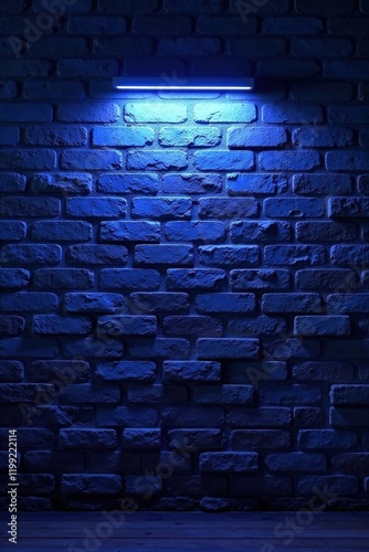 Deep blue neon sign casts dramatic light on aged brick wall , intense, energy