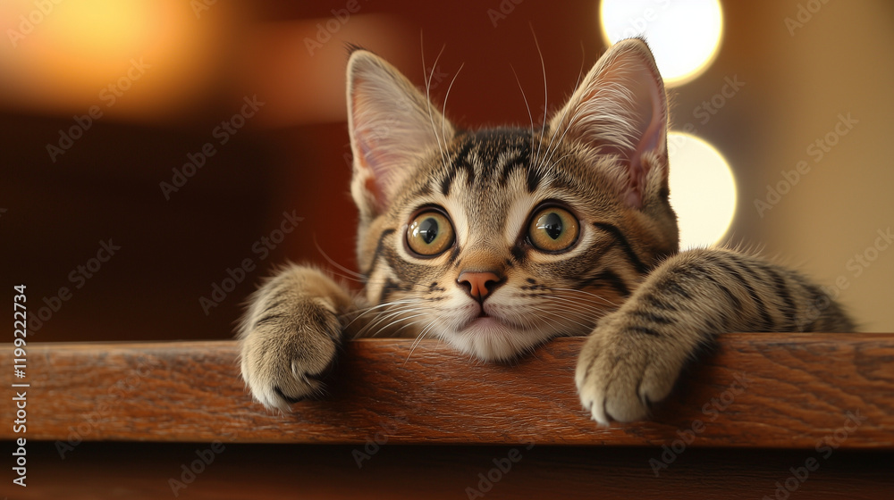 A playful kitten perched on a wooden ledge, surrounded by a cozy glow. The image showcases the innocence and energy of a curious feline. A playful kitten perched on a wooden ledge, surrounded by a cozy glow. The image showcases the innocence and energy of a curious feline.