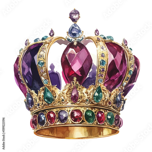 A watercolor vector painting of the rich gems of the Imperial Crown that come alive in the soft hues, isolated on a white background. Imperial Crown vector.

