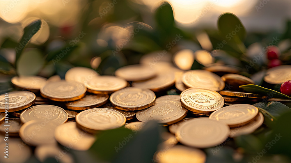 Golden coins scattered among green leaves and red berries create festive atmosphere Golden coins scattered among green leaves and red berries create festive atmosphere
