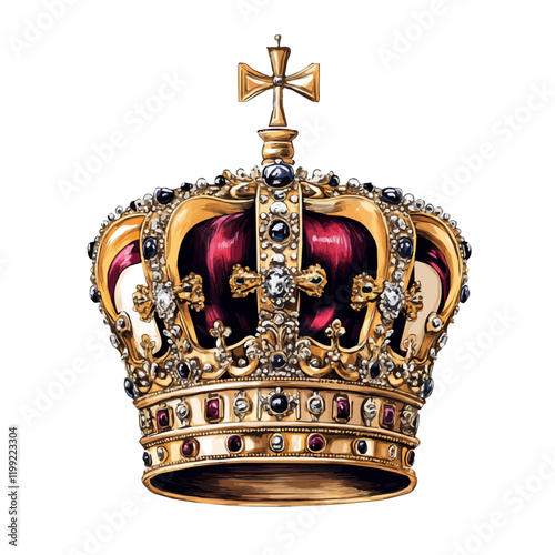 A watercolor vector painting of the majesty of the British crown, isolated on a white background. British crown vector.

