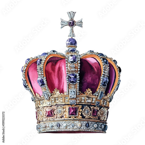 A watercolor vector painting of the majesty of the British crown, isolated on a white background. British crown vector.

