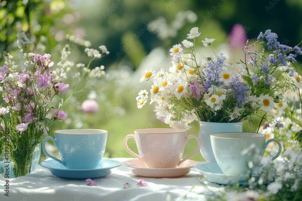Pastel teacups and wildflowers creating a relaxing summer garden scene Pastel teacups and wildflowers creating a relaxing summer garden scene