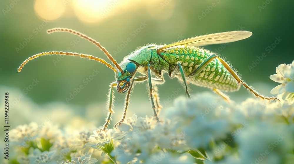 Fototapeta premium A green wasp is sitting on a white flower.
