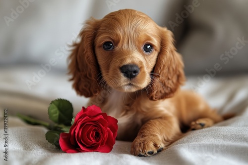 Cocker spaniel pup with rose indoor setting pet photography cozy environment adorable viewpoint celebrating love