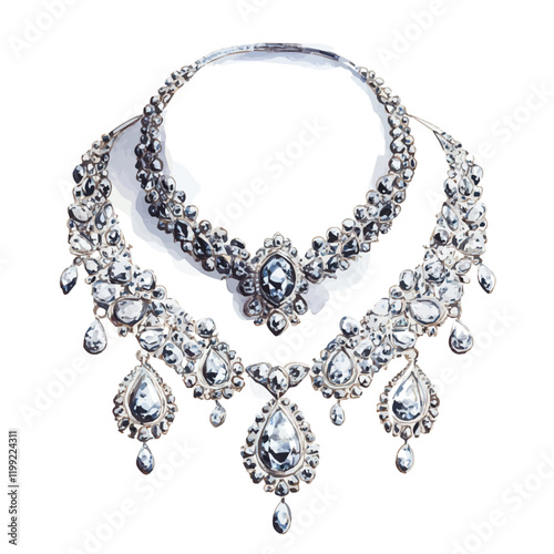 A watercolor vector painting of Koh-i-Noor diamond jewelry sets, standing as a symbol of splendor and magnificence, isolated on a white background. Koh-i-Noor diamond jewelry vector.

