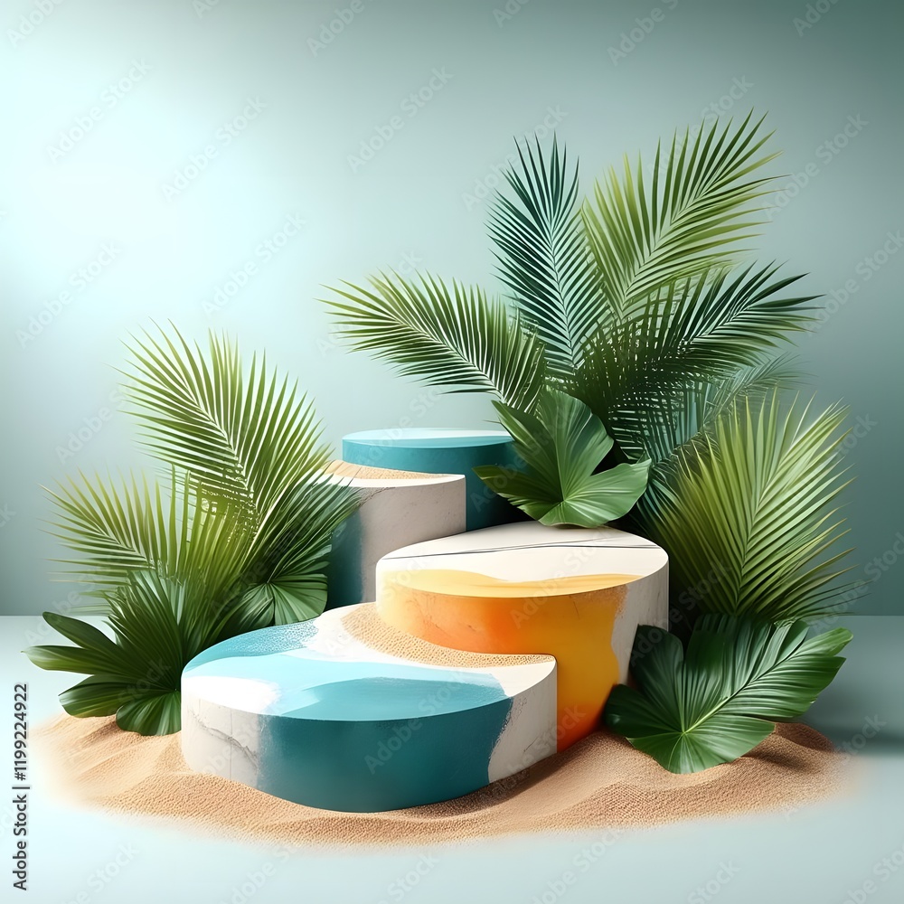 Obraz premium Serene Oasis Stone Podium with Palm Leaves and Abstract Textures