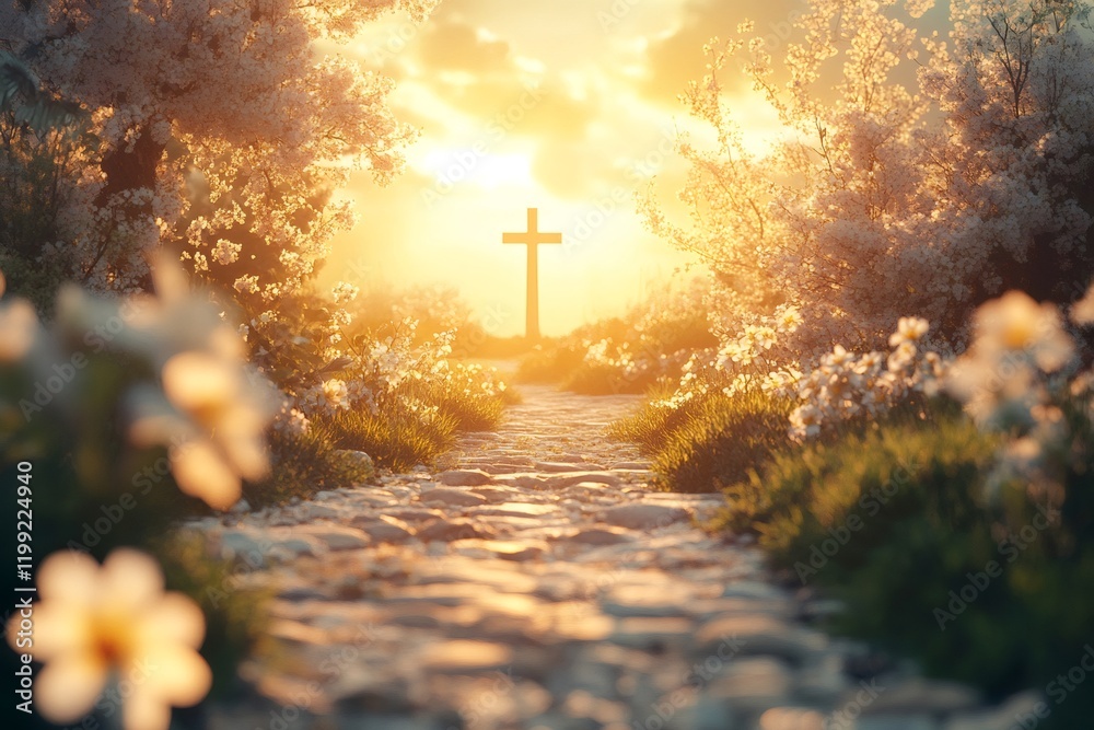 Path leading to christian cross at sunrise with blooming trees and flowers