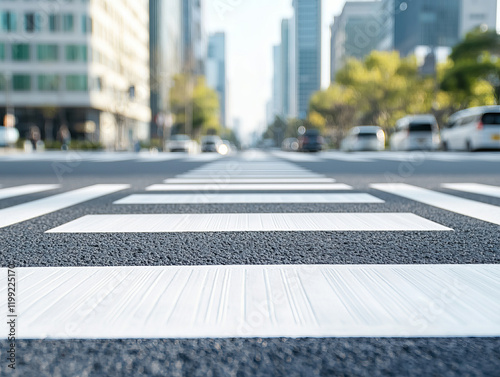Crosswalks on city street with modern buildings and vehicles in background, showcasing urban life and infrastructure