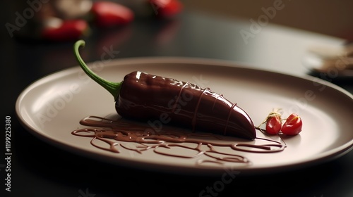 Chili Pepper Dipped in Rich Chocolate and Artfully Arranged on an Elegant Platter Creating a Captivating Contrast of Flavors and Textures photo