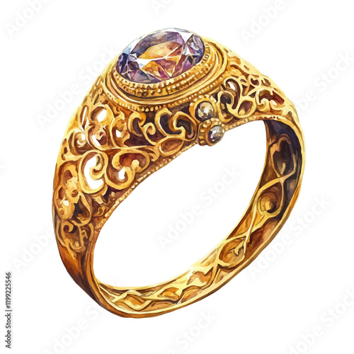 A watercolor vector painting showcasing the intricate craftsmanship of antique gold rings that is beautifully displayed, isolated on a white background. Antique gold rings vector.

